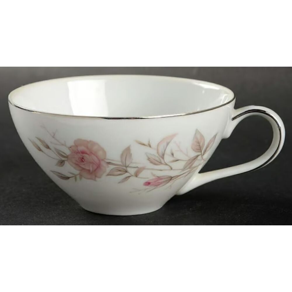FINE CHINA JAPAN Vintage Laura Tea Cup White Pink Floral Rose Platinum Trim